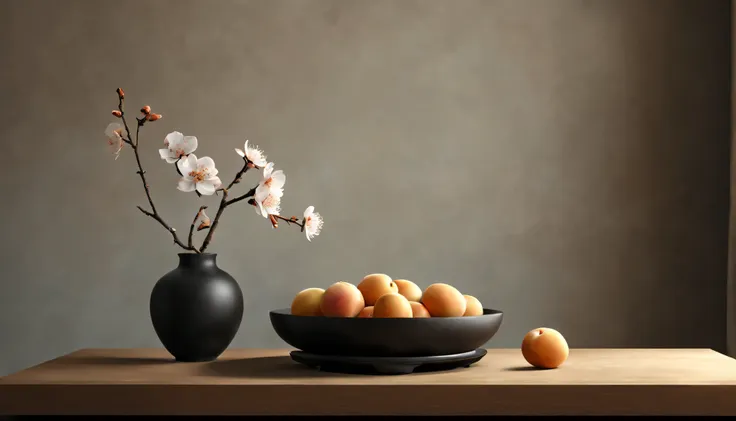 桌子上有一个茶connor和一个碗.a plum blossom, roman brooke&#39;still life painting, trending on polycount, minimalism, large black connor on...