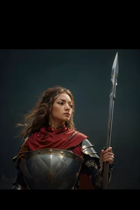 (best quality,4k,highres:1.2),ultra-detailed,(realistic:1.37),female warrior,strong and noble,plate armor gleaming,sharp spear,confident stance,shield with sigil of the house of Finarfin,warrior with determination,heroic pose,battle-ready expression,majest...