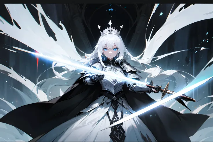 girl，white hair，blue eyes，glowing eyes，glowing eyes，glowing eyes，long hair，Dark system，Long white and black dress，armor，Silvery crown，Queen，brandishing a sword，poster，incredible，big occasion，best quality，epic，Tyndall effect，enchanted forest