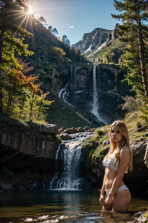 waterfall landscape in the mountains Ultra realistic sunset image with beautiful blonde woman 