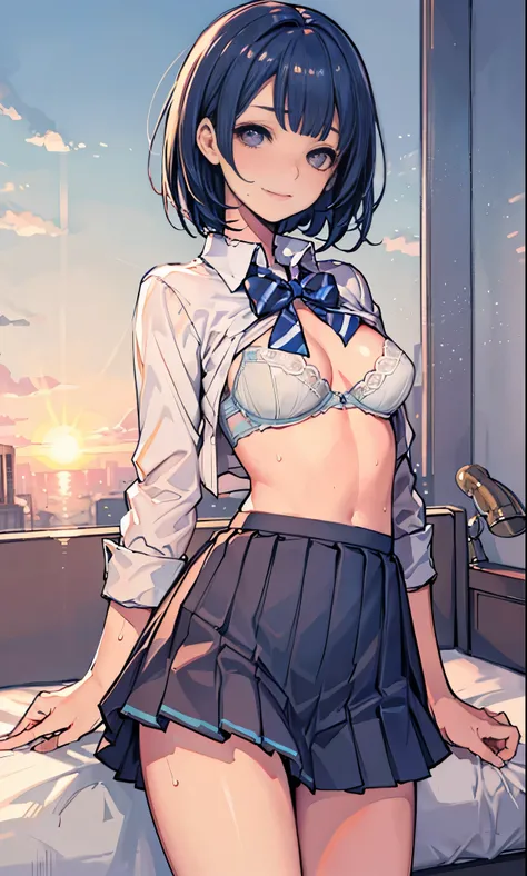 (masterpiece:1.3,nsfw),best quality,PIXIV,sweat,
cowboy shot,1woman、18-year-old、Beauty, solo,white bra,black hair,bob hair, blunt bangs, shoulder-length hair,shirt, school uniform,pleated skirt、mini skirt,Cotton bra,topless,blue hair, looking at viewer, fr...