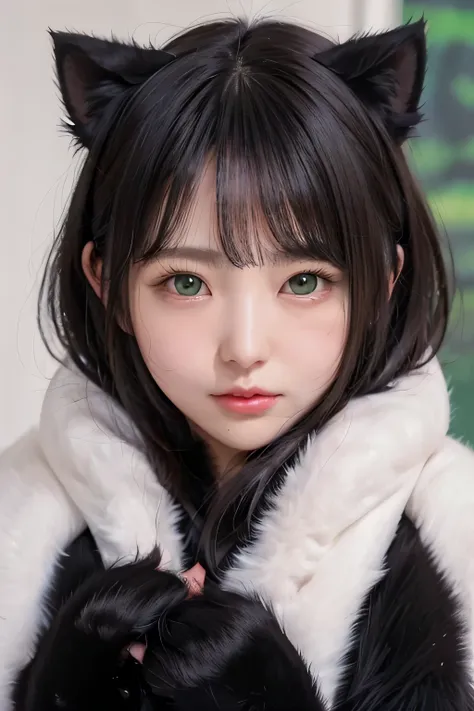 8k, alone, beautiful girl, black cat image、 (black fur coat), compensate, blush, (black fur scarf), , portrait, realistic, ((gre...