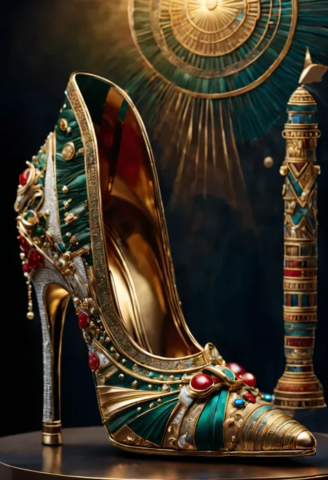 ultra high definition, masterpiece, Accurate, Super details, high detail, high quality, Award-winning, best quality, Level, 16k, background: simple gold,
(an art deco), ancient egyptian style, (Close-up of thick high heels with velvet surface), white, Red,...