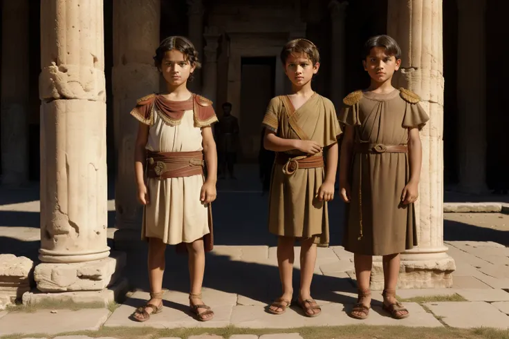 Rome, 77 BC. A little ((((9-year-old)) Julius Caesar)), with his friend Titus Labienus, standing in formation, Campus Martius, ((serious expression)). ((((roman clothings from the 1st century BC)))) ((ancient rome hairstyle))