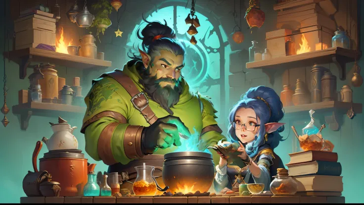 cartoon illustration of a woman and a man in a witchs kitchen, fantasy alchemist laboratory, fantasy rpg book illustration, alchemist lab, wizards laboratory, detailed game art illustration, rpg illustration, high quality dnd illustration, making a potion,...