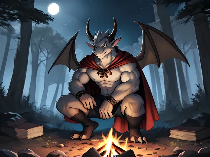 dragon, anthro, squatting, red cape, smirk, male, muscular, night, dark forest, in front of camp fire, horns, stone scales, tail, solo, detailed face