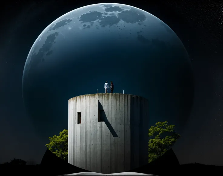 Extremely high quality realistic landscape photography、A square building can be seen in front of a huge full moon.