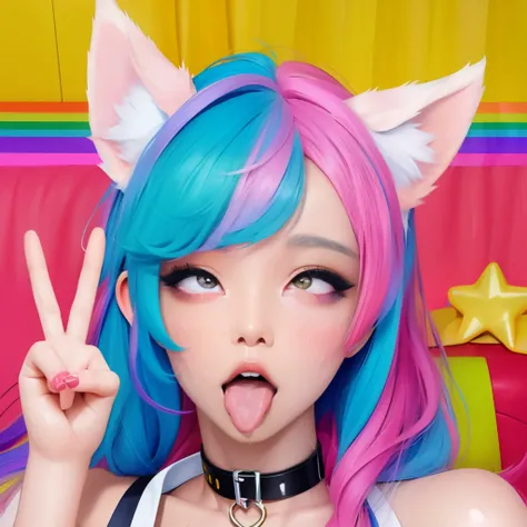 woman in dog ears, rainbow hair, sweating, full body view, dog collar, peace, sign, tongue out, living room, sitting, looking up, ahg, rolling eyes