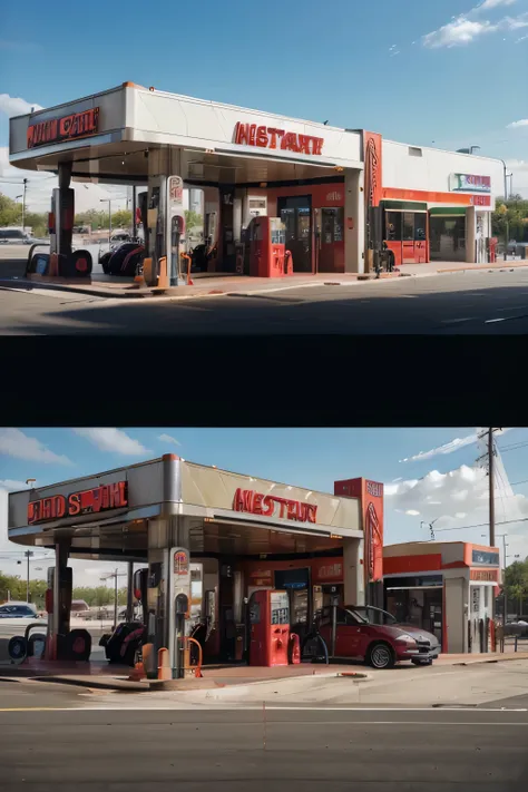 (A red gas station:1.2),money-themed sculpture, detailed architecture, expensive-looking gas pumps, shiny metallic surfaces, luxurious car accessories, elaborate decorations, vibrant colors, high-end street fashion, golden accents, eye-catching signage, ex...