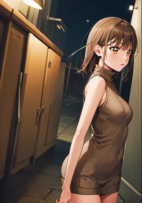 masterpiece, best quality, highres, aachinatsu, medium hair, breasts, sweater dress, sleeveless, turtleneck, night, standing, st...