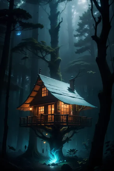 In the heart of a dense and mysterious forest, There lived a wise, elderly grandmother in a picturesque tree house nestled among the branches.. The forest is alive with bioluminescent plants, casting an ethereal glow on the scene. pequena fogueira 