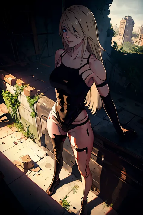 yorha a2, toned belly, sombre look, ruins, high quality, beautiful face, correct anatomy