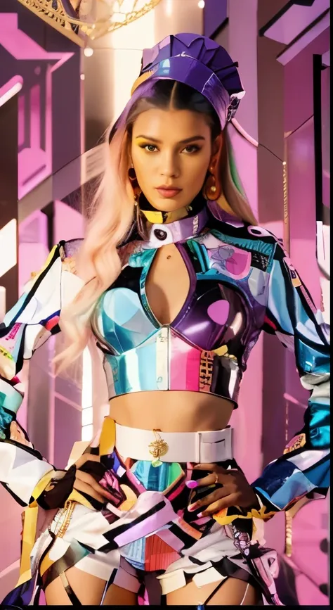 Woman in a colorful outfit posing for a picture, official versace editorial, futuristic clothing, futuristic fashion clothing, patterned clothing, colorful rich fantasy clothing, modern maximalist suit, futuristic clothes, bright trouser suit for a rave, i...