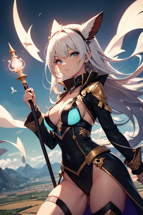 Beautiful female magician, fantasy world, out in green lush plains, flying in the air, casting the ultimate form of magic, many effects, really colorful, holding a staff, eyes glowing, wind swirling around her,  