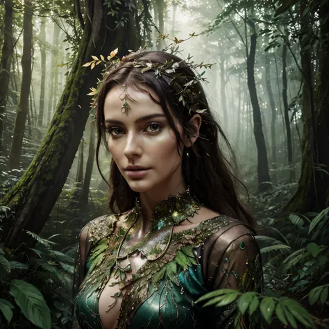 A glitchy dryad, an ornamental creature with a mix of organic and digital elements, is portrayed in an oil painting. The image showcases a stunningly detailed composition, with intricate brushwork that brings the subject to life. The dryads body appears di...