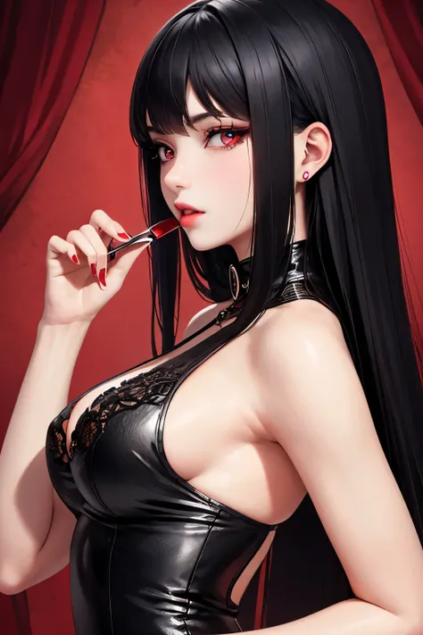 Sexy Girl, black hair, dress, grinn, , red eyes, vampire, ((best quality)), ((masterpiece)), (detailed), perfect face