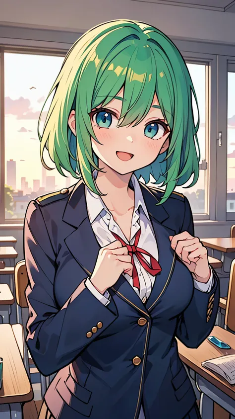 ((pretty high school girl with green hair and blue eyes)), ((wearing black blazer uniform)), red ribbon,  face, ((master piece, ...