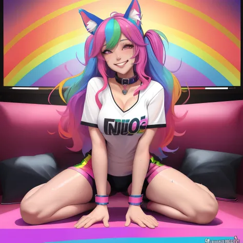 woman in dog ears, rainbow hair, sweating, full body view, dog collar, tongue out, living room, sitting, full body shot, grin