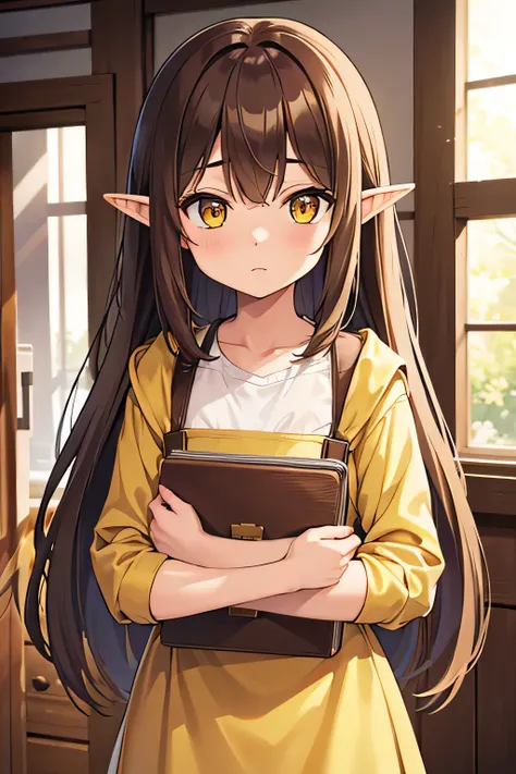 An elf girl with a tiny body and brown hair, yellow eyes, and a flat chest. She is wearing casual cloths and is hugging a taller man. The girl is standing in a room and looking directly at the viewer. The image should be of absurd resolution and high detai...