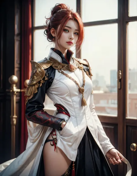 A young female warrior wearing a white leather outfit with a Thai pattern., Behind it was a red flame.., Wear revealing clothes, Dark blue hair, There is strong sunlight.., electric current around