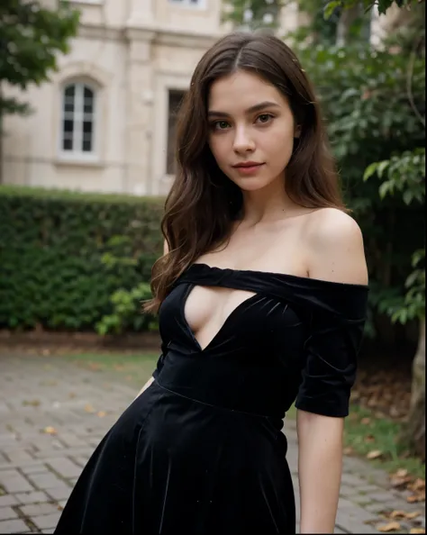 Cute beautiful sexy European light-green-eyed brunette, 22 years old, 


seductive look in eyes, girl in black velvet dress, stylish black velvet dress,  full body view, black velvet dress, elegant black velvet dress,  castle, romantic setting,  full body ...