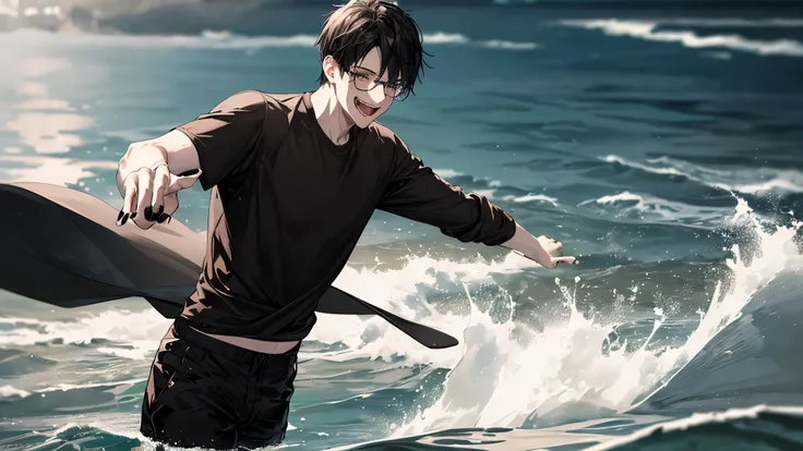 1 guy, black long shorts, press, Thin, pale, rings on fingers, black nails, Glasses, black hair, a little sporty, Glass eyes, cinematic lighting, Blur background, Best quality, Brown eyes, Laugh, on the beach, in water, beautiful light, water fall, Wet, in...