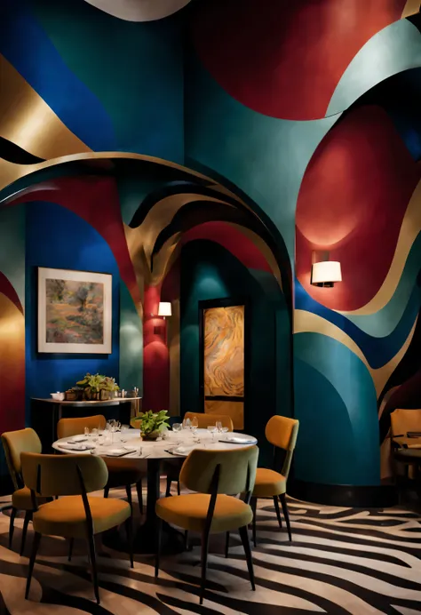 art deco, (Dining room), Crimson, Bright blue, Black, blue green, orange, Shark motif, Zebra stripes, zigzag pattern, ladder diagram, bold and sinuous curves, radial pattern decoration, It is a style of modern art design,author：Andre Lenot,Andrea Palladio,...