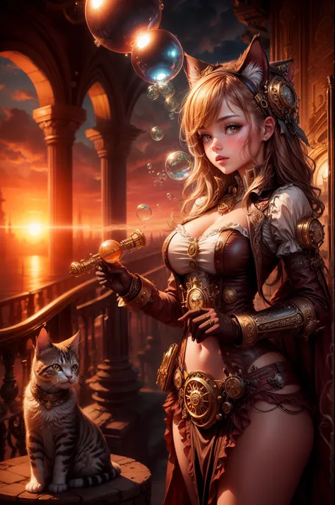 "((Steampunk fantasy)), (grand pipe organ), ((sunset-kissed clouds)), ((innocent girl)), ((floating bubbles)), ((mystical cat)), ((ornate pipes)), ((dreamlike atmosphere)), ((imaginative scene)), ((meticulously detailed))"