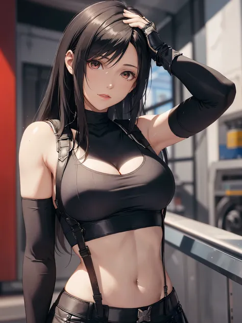 8k,masterpiece, basic quality,big deal, (1 girl), tifa lockhArt, Red_Eye, black hair, long hair, shiny skin: 1.2, shiny big deal, ((best quality)), clear focus: 1.2, Highly detailed facial and skin textures, detailed Eye, perfect face, Perfect body, Art, C...