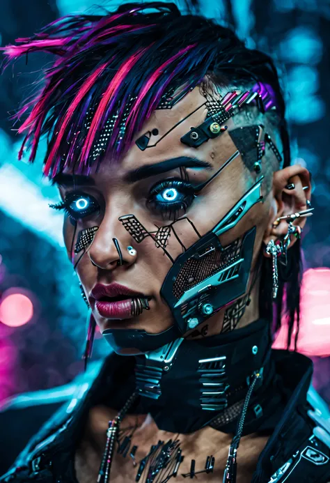 a woman with a piercing on her face , cyberpunk style