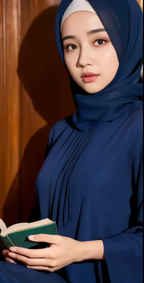 (best quality,4k,8k,highres,masterpiece:1.2),ultra-detailed,eyes detailed, face bright,Realistic face glow,(realistic,photorealistic,photo-realistic:1.37),19years old girl, Pasmina hijab abaya,blue hijab pasmina,asian korean beautiful girl girl,book,style ...