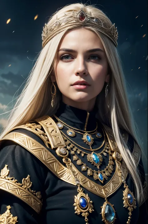 beautiful queen, God, War hero, A grim overlook of the ancient castle ruins, look down, Detailed face and eyes, Stand on the steps, war mobilization rally, sacred black background, fantasy, (bioluminescence), Brilliant light, shining majestic sky, golden a...