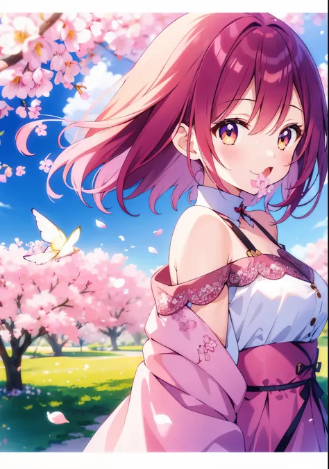 「A beautiful girl with fluttering cherry-colored hair、Smiling in the wind in a quiet park。Her eyes are seasonal flowers々as colorful as、Its elegant appearance harmonizes with the surrounding nature.。Her presence is like heralding the arrival of spring.。」