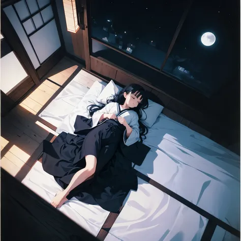 girl sleeping, dark room, moonlight, cold weather, full body, wide angle, shot from above, retro, Japan, Edo