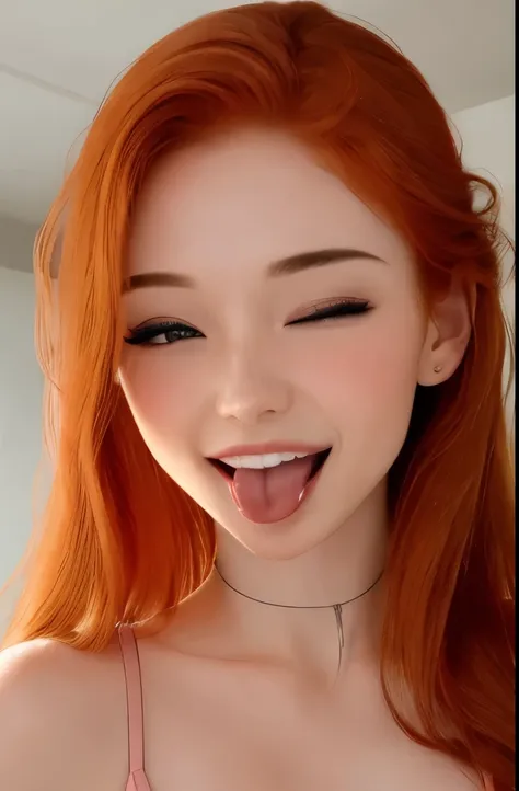 wink, one eye closed, playful smile, tongue out,, masterpiece, best quality, absurdres, highres, 4k, ray tracing, intricate details, highly detailed, (1girl:perfect face, small breasts, long ginger hair, ) skin tone, artistic photorealistic drawing of 5, m...