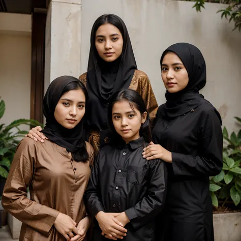 young family photo father thin black hair 30 years old mother hijab 25 daughter 4 years old woman wearing brown and black batik clothes