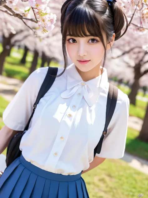 japanese ,full body,illustration,beautiful detailed eyes,beautiful detailed lips,extremely detailed eyes and face,longeyelashes,pleated skirt,uniform,white blouse,blue ribbon,mid-length black hair,pigtails,holding a backpack,walking in a cherry blossom gar...