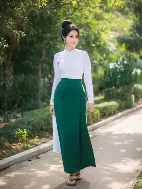 A teacher is at school. Tall, thin, big hips, big breasts, black hair, small lips, brown eyes, attractive, 8K.Top=white Burmese blouse,With long sleeves,Buttoned at the side.Bottom=(Dark green) long skirt.
Footwear=female Burmese sandals,The hair is knotte...