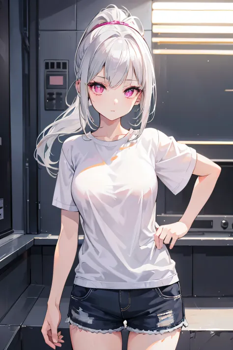 high quality, perfect lighting, Detailed face, detailed body, 1 girl, alone，silver hair，short sleeves，shorts，whole body，medium breasts，casual wear，pink eyes，ponytail