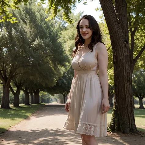 Kat Dennings in a tight sundress, grinning, standing under an oak tree