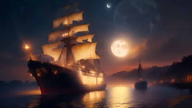 the ship is moored at the pier at night, pirate Ships at war at night, dreamy atmosphere of a moonlit night, awesome wallpaper, Against the background of a pirate ship, 4K wallpaper, 4K wallpaper, swim at night under the moon, Blue Moon Ray Tracing, Lunar ...