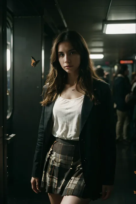 close-up headshot of ((ohwx woman)), ,a girl standing alone, corridor, unlit transit station, dark night, film grain, depth of field, analog film style, vivid color, 1girl, upper body, (looking at the viewer:1.2), long hair, blond, plaid skirt, fog, (night...