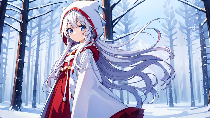 cute anime girl, white long hair, snow, background of snowy forest, the girl stands in the center and looks at the viewer, Ancient clothing, warm white and red raincoat with hood.