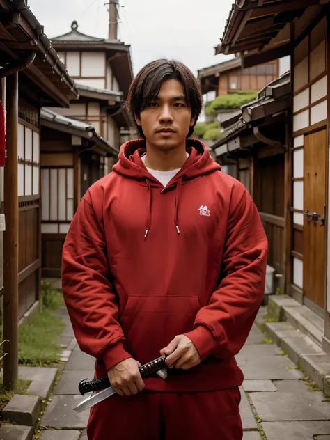 a man wearing red hoodie and 3 swords, Japanese style , Japanese village 