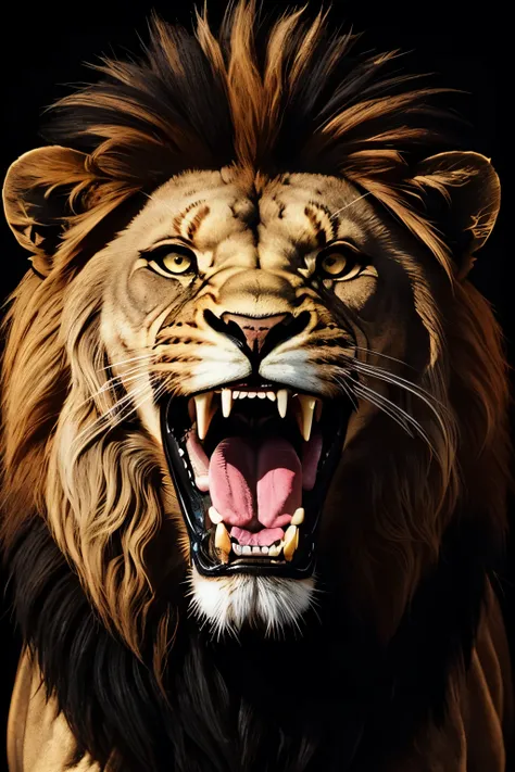 fierce and imposing lion head, with open mouth, black background