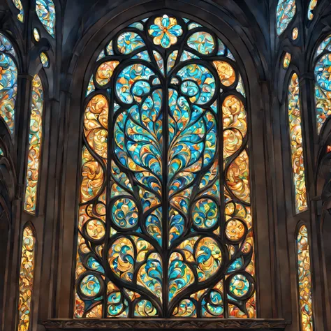 art deco:stained glass,bright colors, intricate details. very detailed, complex motifs, organic tracery, perfect composition, di...