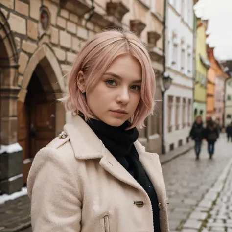 19-years old woman from Poland, short blonde-pink hair, winter in Krakow
