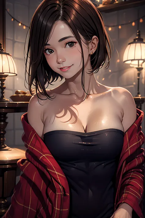 helen parr, masterpiece, best quality, solo, brown long hair, brown eyes, smile, short hair, off-shoulder kimono, 1girl, upper body, closed mouth, indoors, portrait