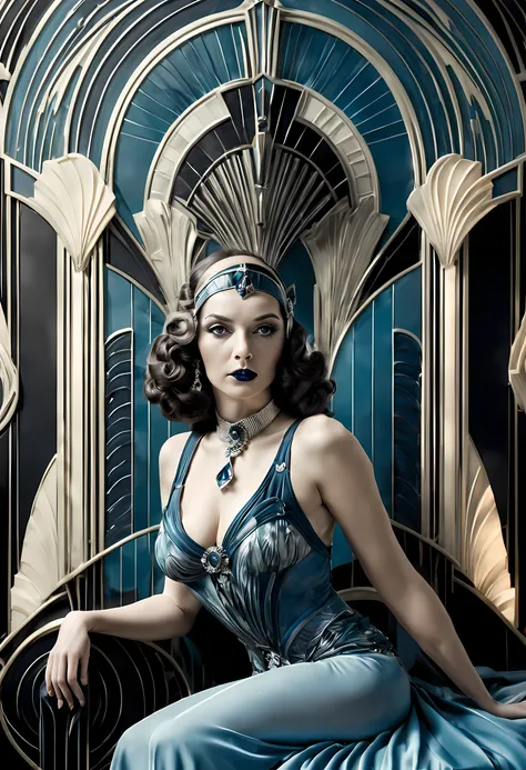 fantasy art deco (art deco: 1.5) A (black and white: 1.5) glamours model shot, RAW, award winning, of an exquiste beautiful 1solo woman, ultra feminine, full body, busty woman, most beautiful face, long  hair, wavy hair, wearing (blue: 1.5) silk corset, st...