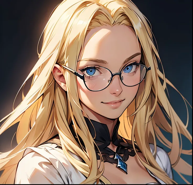 (blond, long hair), (blue eyes:1.1), gentle smile, glasses on face, female, (white dress:1.1), smooth skin, (slim figure), (thighs emphasized:1.1), (best quality, highres), portrait, peitos, seios pequenos